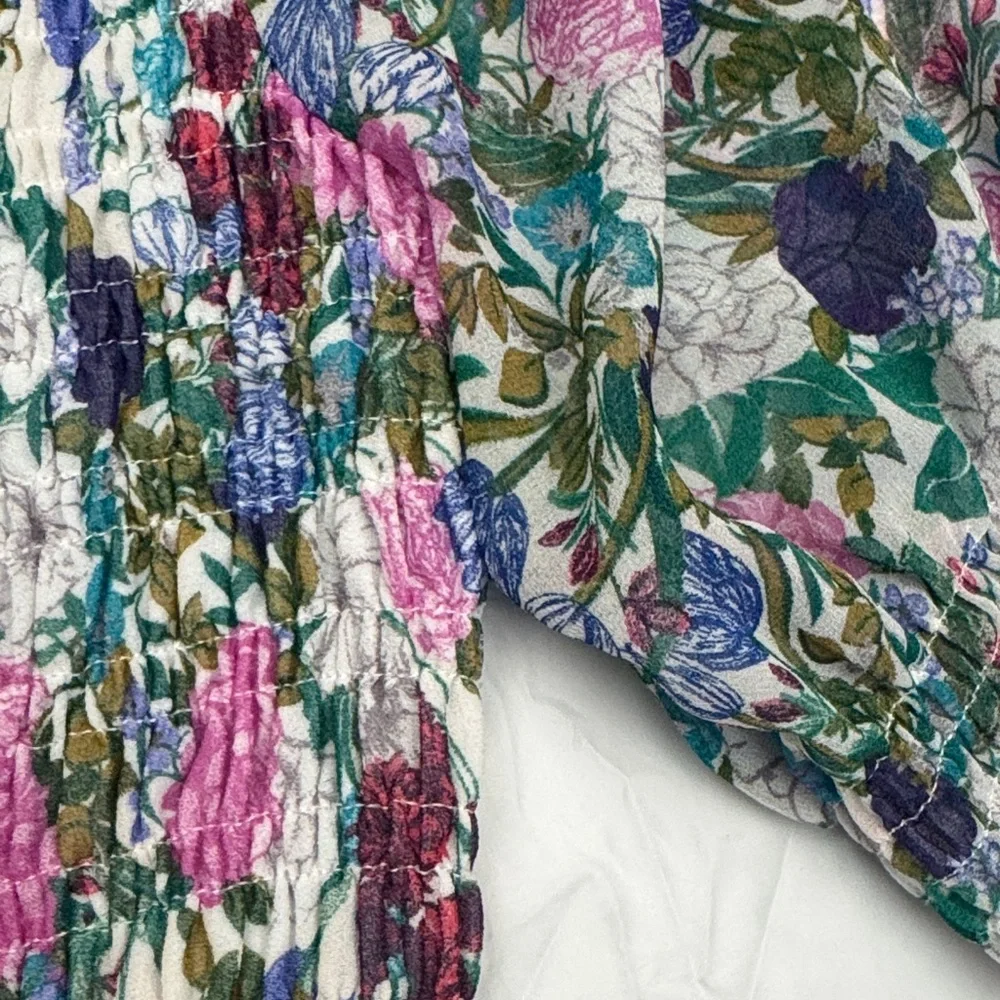 Astr Pink Blue and Green Floral Puff Sleeve Smocked Crop Blouse - Size M